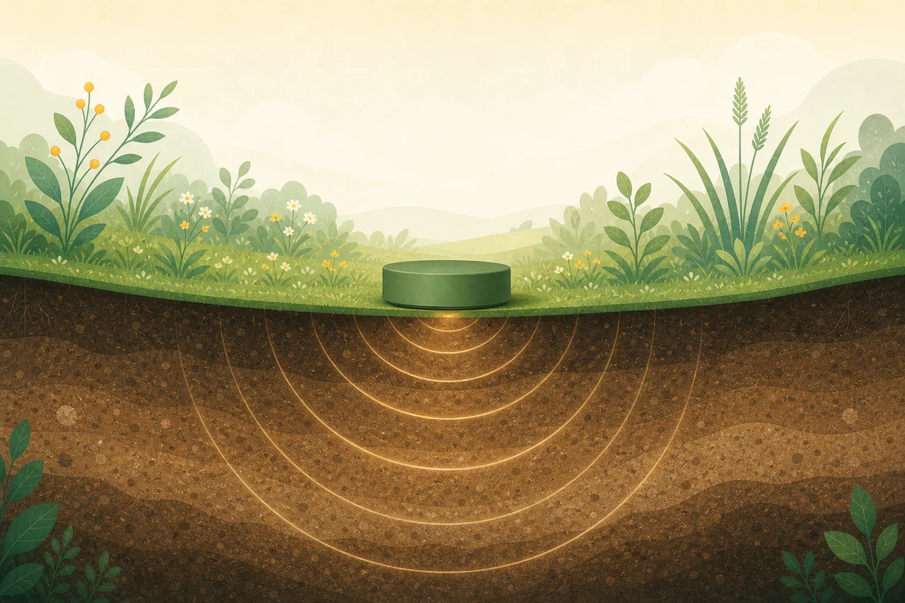 Schematische Gartenillustration mit einem auf der Rasenoberfläche liegenden Moolino Entwicklungsprototyp und sich im Boden ausbreitenden Impulswellen